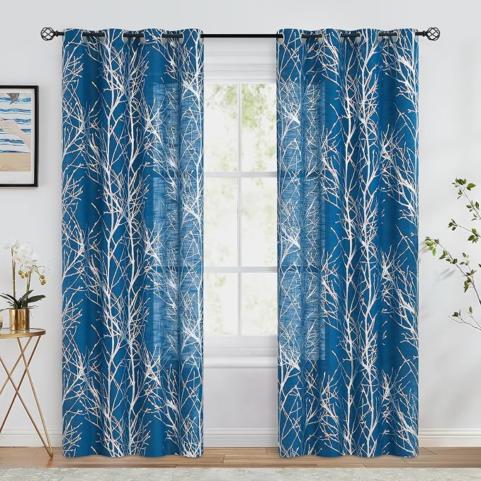 FMFUNCTEX Linen Semi Sheer Curtains for Bedroom and Living Room - Silver Foil Metallic Print Navy Blue Tree Panel, 96 Inches Long, Light Filtering, Grommet Top, 2 Panels