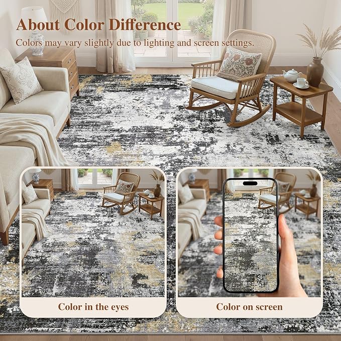 UERMEI 6x9 Area Rug for Living Room - Washable Neutral Modern Abstract Carpet, Non-Slip Soft Large Indoor Floor Rugs for Bedroom Home Office & Under Dining Table Decor, Black/White/Gold