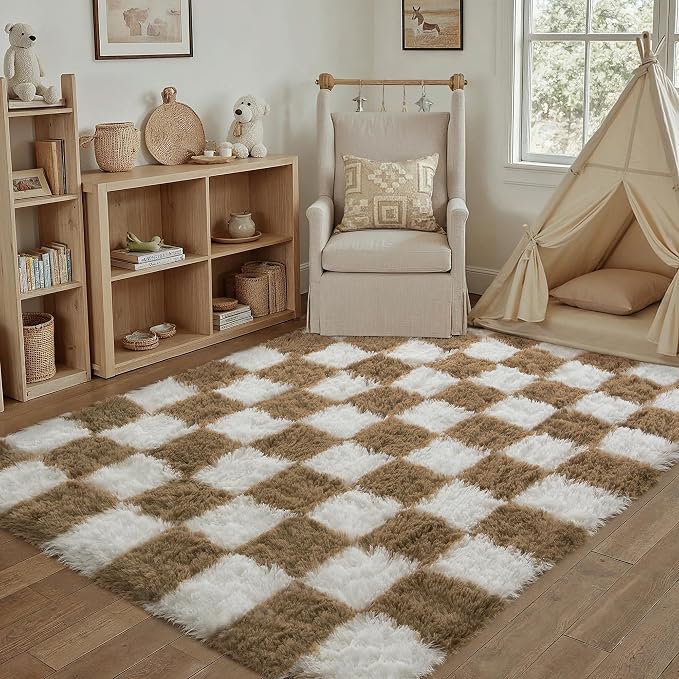 PureCozy 3x5 Area Rugs for Kids Room Brown Soft Shag Checkered Rug Modern Washable Indoor Office Fuzzy Carpet Non-Slip Fluffy Rugs for Bedroom Nursery Dorm Playroom Home Aesthetic Decor