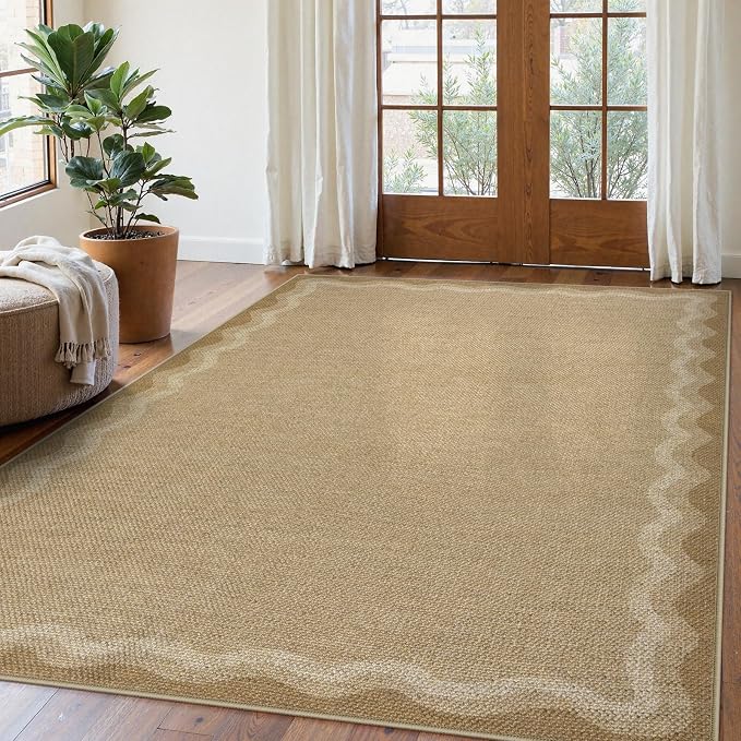LIVEBOX Scalloped Washable Outdoor 5x7 Rug, Easy Jute Tan Rug for Living Room, Indoor Geometric Rug for Bedroom, Farmhouse Rugs Dining Room Mat Modern Carpet Area Rug for Patio Home Office Decor