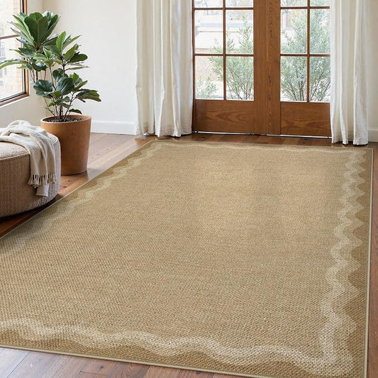 LIVEBOX Scalloped Washable Outdoor 5x7 Rug, Easy Jute Tan Rug for Living Room, Indoor Geometric Rug for Bedroom, Farmhouse Rugs Dining Room Mat Modern Carpet Area Rug for Patio Home Office Decor