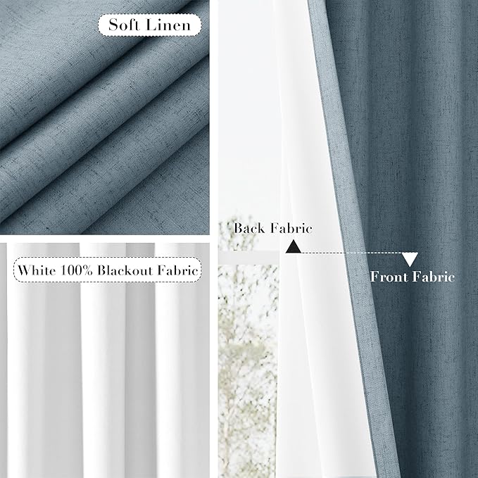 Joywell 100% Blackout Linen Curtains 96 Inches Long for Boys Bedroom Black Out Curtain Room Darkening Drapes for Sliding Glass Door Window Rod Pocket Back Tab 2 Panels Set,52 x 96,Blue