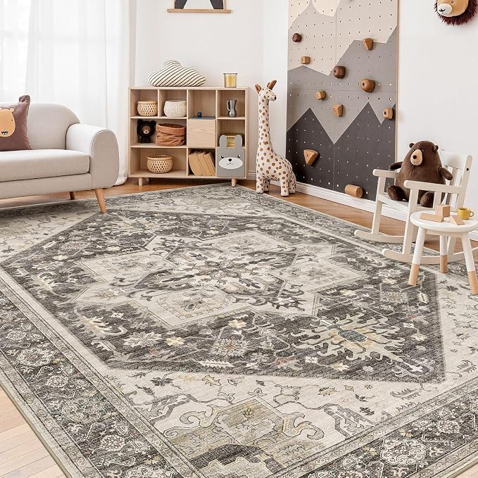 9x12 Area Rugs for Living Room - Large Carpet Ultra Thin Soft Washable Oriental Vintage Floral Distressed Big Indoor Carpets for Bedroom Nursery Dorm Home Decor Aesthetic - Dark Brown