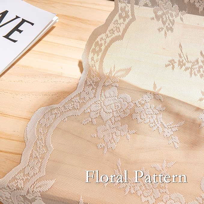 MEETSKY Lace Sheer Curtains 96 Inches Long Set of 2 Vintage Victorian French Elegant Scalloped Boho Style Light Filtering Rod Pocket Drapes for Home Decor, 50"x96", 2 Panels, Oatmeal Beige