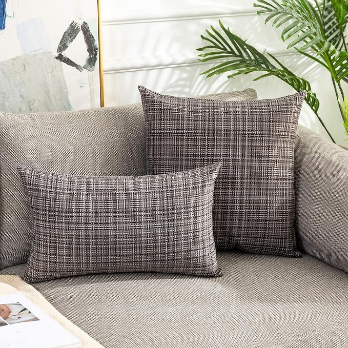 Kevin Textile Outdoor Waterproof Throw Pillow Covers 26x26 Inch Pack of 2 Woven Faux Linen Farmhouse Decorative Euro Shams Water Resistant Cushion Covers for Tent Patio Garden Couch Sofa Grey