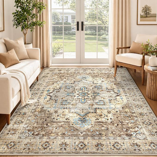Area Rug 5x7 Vintage Rug: Washable Indoor Medallion Rugs Low Pile Distressed Floor Carpet Retro Accent Rug for Living Room Bedroom Kitchen Dining Table Home Office(Brown/Blue, 5'x7')