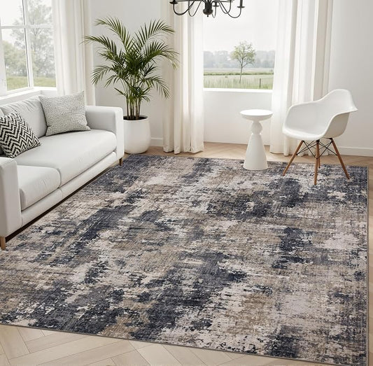 Sasttie 4x6 Soft Area Rug for Living Room, Modern Abstract Washable Carpet for Bedroom, with Non-Slip Backing, Black and Beige