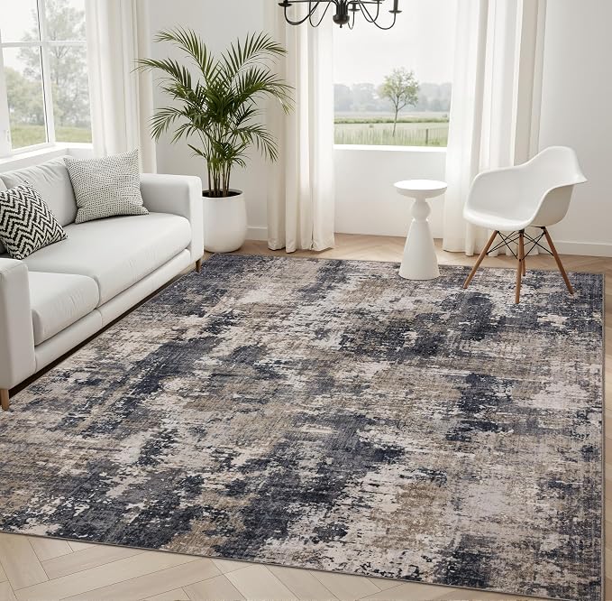 Sasttie 5x7 Soft Area Rug for Living Room, Modern Abstract Washable Carpet for Bedroom, with Non-Slip Backing, Black and Beige