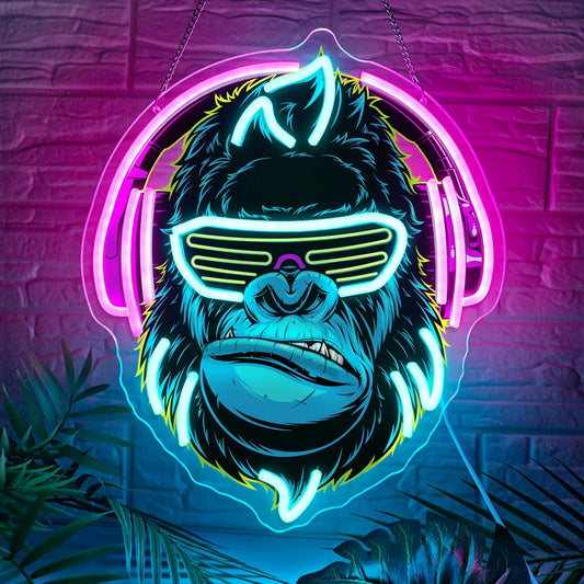 Headphones Gorilla Neon Sign Dimmable Kong Led Neon Light for Wall Decor,Game Room,Man Cave,Home Party Bar Decor,USB Powered Led Sign
