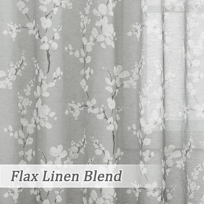 FMFUNCTEX Linen Sheer Curtains for Bedroom, Grey White Blossom Print Curtains 96 Inches Long for Living Room,Floral Patterned Farmhouse Curtain Light Filtering Window Drapes 2 Panels, Rod Pocket