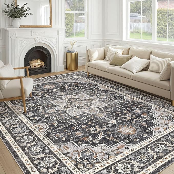 Vintage Living Room Area Rug 8x10 - Large Soft Washable Oriental Traditional Distressed Farmhouse Rugs for Bedroom - Indoor Floor Accent Carpet for Home Office House Decor - Black
