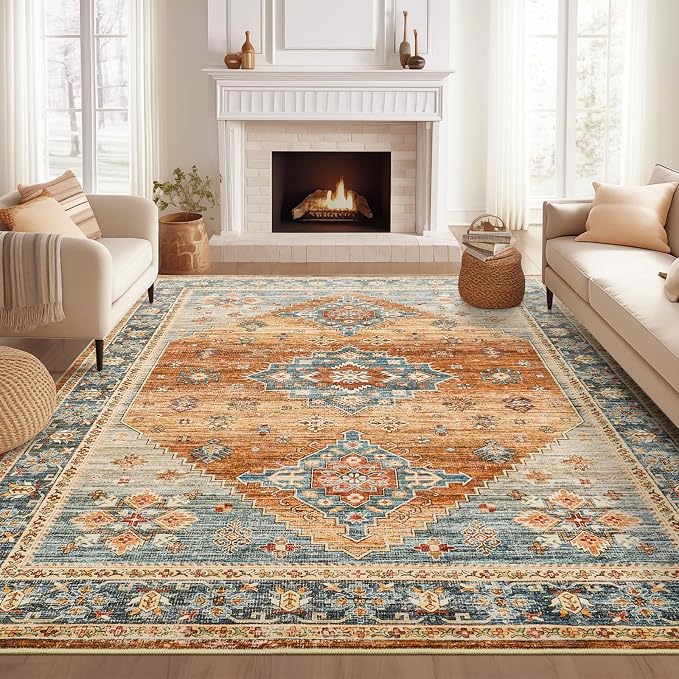 Roxstand Washable Rugs 8x10, Ultra-Thin Non-Slip 8x10 Area Rugs for Living Room, Soft Vintage Large Area Rug, Foldable Farmhouse Bedroom, Dining Room Rug (Navy/Orange, 8'x10')