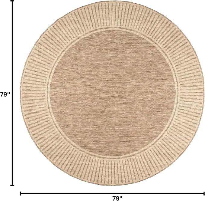 Nuloom Asha Light Brown/Ivory, 6'7" Round, Casual, Striped Border, Soft and Cozy, High Traffic, Easy Clean, Durable Area Rug for Indoor/Outdoor Patio, Deck, Porch, Garden, Courtyard