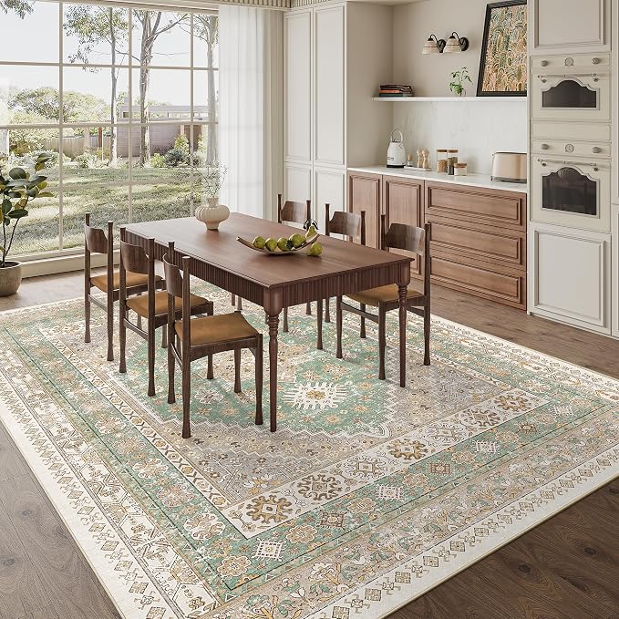 zesthome 8x10 Area Rugs for Living Room,Non-Slip Backing Washable Rugs,Vintage Large Area Rug，Stain Resistant Home Decor Rug (Green/Brown,8'x10')
