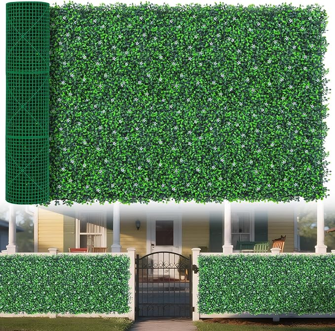 Yangrass Boxwood Roll Panels with Flowers, 60"x120" (50 sqft) Artificial Ivy Privacy Fence Screen, UV-Anti Faux Boxwood Roll Grass Wall Panels for Patio Garden Balcony Decor