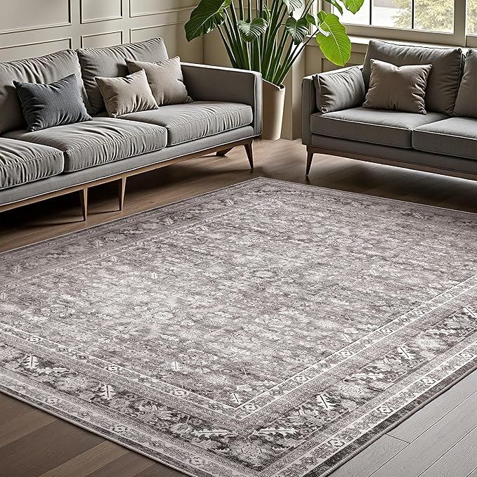 OPPODREAM Thin Vintage Grey Area Rugs 10x14, 10 x 14 Retro Washable Rug Non Slip, Low-Pile Faux Wool Carpet, Distressed Gray Floor Mat for Living Room, Bedroom, Office, Dorm, Dinning Room, Big & Large