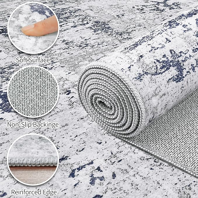 Area Rugs 8x10 Living Room: Large Modern Abstract Washable Rug Soft Anti-Skid Non-Shedding Carpet Indoor Floor Thin Carpets for Bedroom Dining Room Farmhouse Nursery Home Office Night Blue Grey