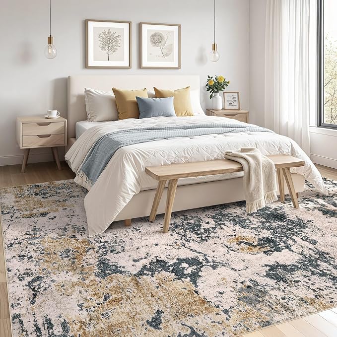 Area Rugs for Living Room: 12x15 Abstract Washable Rug Modern Neutral Large Soft Stain Resistant Non-Slip Backing Machine Table for Bedroom Dining Room Indoor Home Office Carpet - Grey Gold