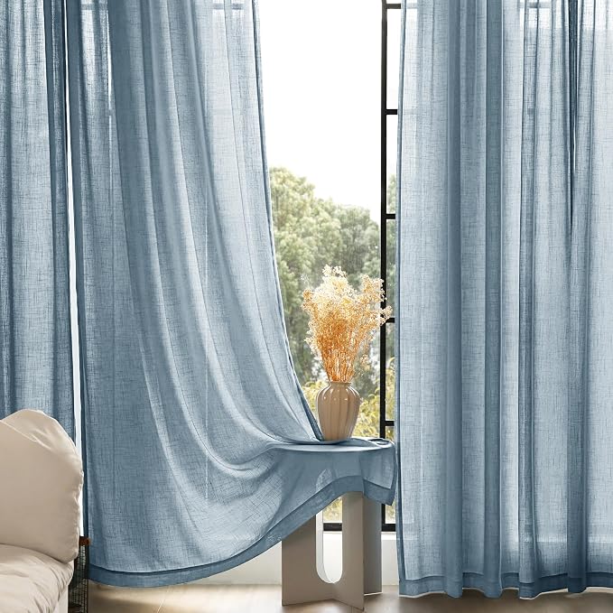 Dusty Blue Linen Curtains for Living Room Back Tab Light Filtering Semi Sheer Light Blue Bedroom Curtains Linen Cotton Textured Grey Blue Drapery Panel Airy Modern Farmhouse Aesthetic Decor 52x96 Long