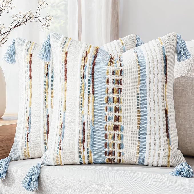NUYECY Boho Throw Pillow Covers 16x16 Neutral Boucle Couch Pillow Cover Rainbow Striped Decorative Accent Pillow Case for Couch Bed Sofa Farmhouse Bedroom,Modern Funky,Set of 2 Light Blue Earth Tones