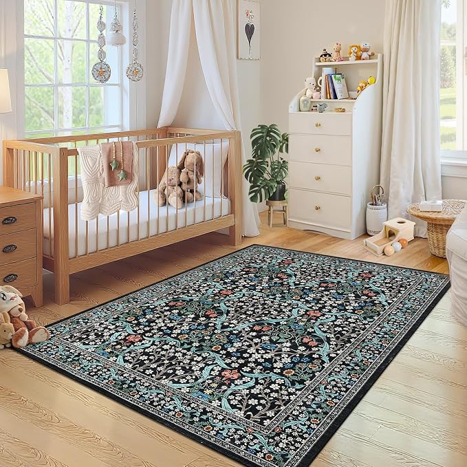 GarveeHome Floral 3x5 Area Rugs for Entryway, Washable Kitchen Rug Non Slip, Low Pile Bedroom Rug, Ultra Soft Stain Resistant Small Carpet for Laundry Room, Black