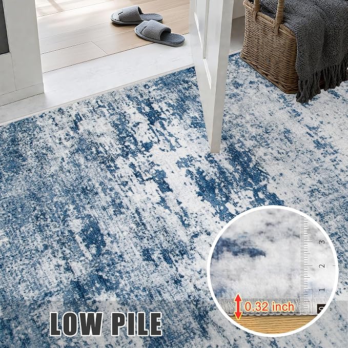 2.6'x14' Runner Rug Washable Rug: Modern Abstract Soft Thin Runner Rug Blue