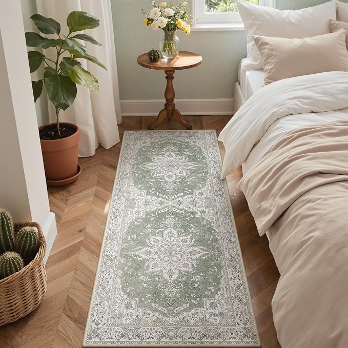 GENIMO 2'6''x6 Washable Vintage Runner Rug for Hallway, Non-Slip Low Pile Chenille Print Rug, Soft Rugs for Indoor Entryway Kitchen Corridor, Sage & Linen