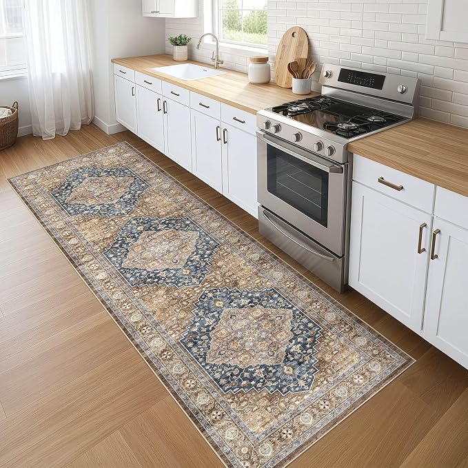 Runner Rug Kitchen Washable Rugs: 3x8 Non-Slip Boho Vintage Stain Resistant Indoor Neutral Farmhouse Throw Carpet for Hallway Bathroom Laundry Room Entryway Bedroom- Yellow Blue