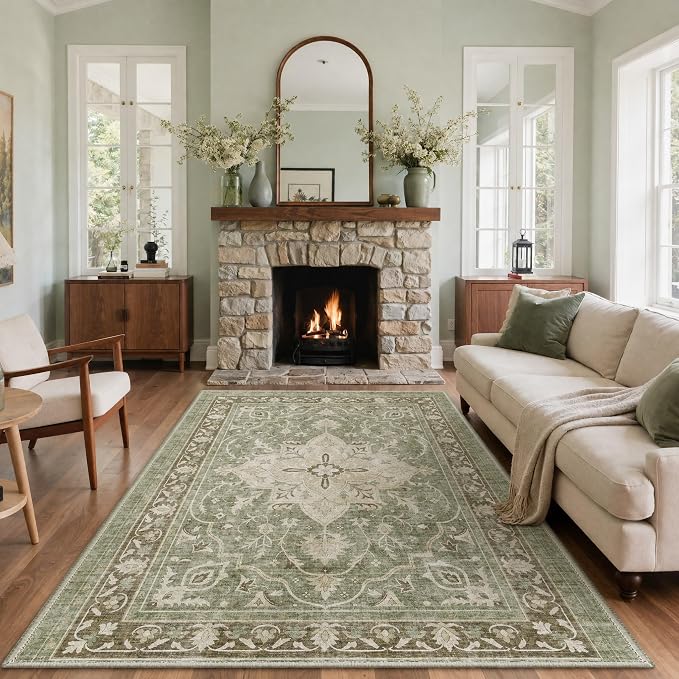 GENIMO 5x7 Area Rug for Living Room, Machine Washable Non Slip Low Pile Lightweight Print Pattern, Bedroom Dining Room Home Office Floral Medallion Sage Green