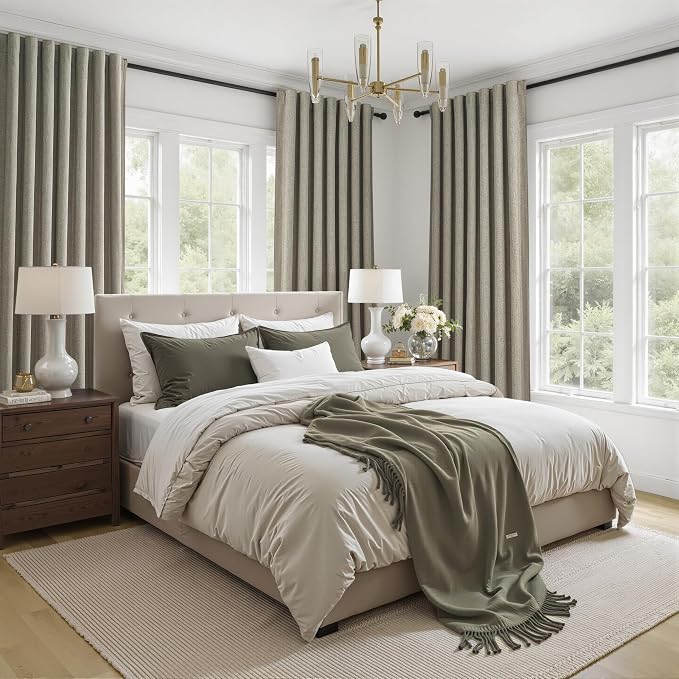 Grey Green Blackout Linen Curtains 84 Inches Long for Living Room/Bedroom, Pleated Window Track Heavy Curtain for winter with Pin Hooks Boho Dark Green Drapes Thermal Insulated (50"Wx84"Lx2Panels)