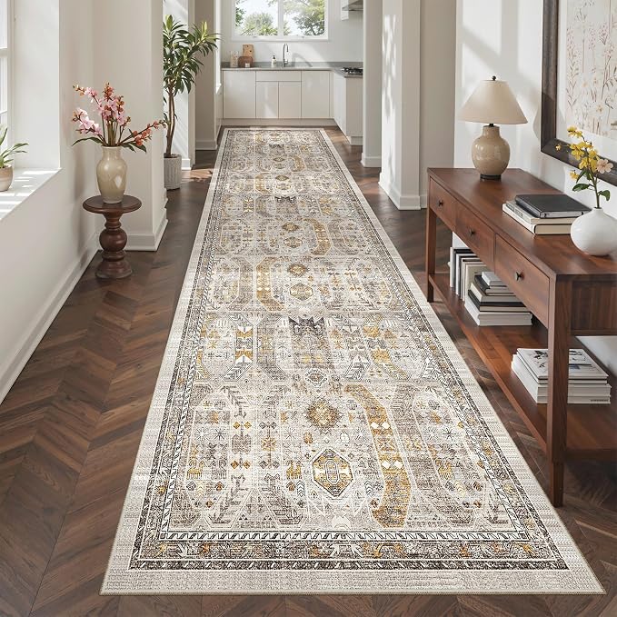 Madane Hallway Runner Rug 3x12 Washable Kitchen Runners 12ft, Brown/Gold | Vintage Non Slip Area Rugs for Hallways, Soft Low-Pile Thin Farmhouse Wide Floor Carpet for Entryway Foyer Bathroom Bedroom