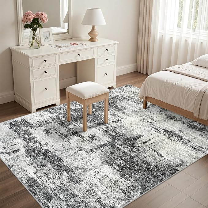 Area Rug Living Room Rugs: 5x7 Washable Rug with Anti-Slip Backing Non-Shedding Stain-Resistant Foldable Modern Abstract Carpet for Bedroom Dining Room Nursery Home Office - Black