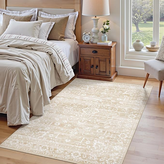 Soalmost 3x5 Area Rugs for Entryway, Washable Neutral Soft Rug Beige | Vintage Floral Low Pile Non-Slip Throw Area Rugs, Accent Rug Floral Indoor Mat for Bedside Living Room Kitchen Bedroom 3'x5'