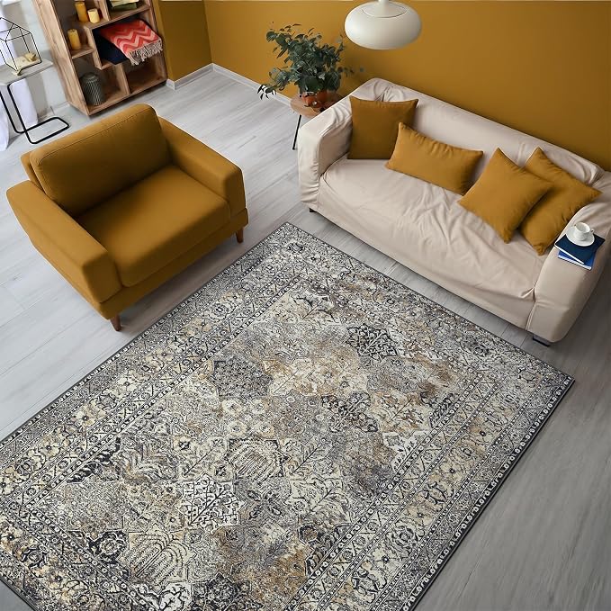 Keen Home Design 48"x72" Rug - Machine Washable Area Rug with Non-Slip Backing, Ideal for Living Room, Dining Room, Bedroom - Vintage, Easy Clean, Durable, Low Pile Rug - (4' x 6')