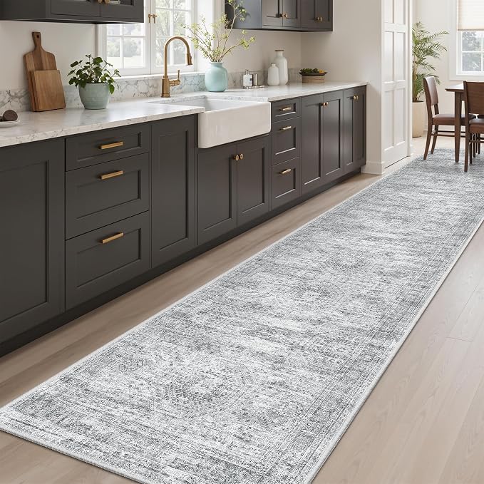 Soalmost Runner Rug 2'6" x 10' Washable Non-Slip Runner Rugs for Kitchen Bathroom Laundry Room Vintage Ultra Thin Runners for Hallway Entryway Grey