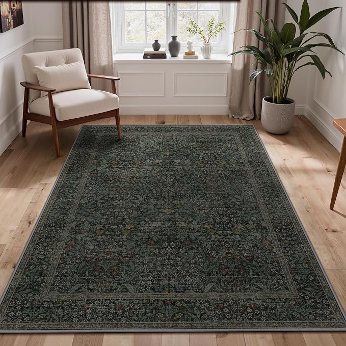 GENIMO 5x7 Washable Area Rugs for Living Room, Non Slip, Charcoal Green | Vintage Boho Floral Low Pile Thin Carpet for Bedroom, Dining Room, Nursery, Indoor Decor