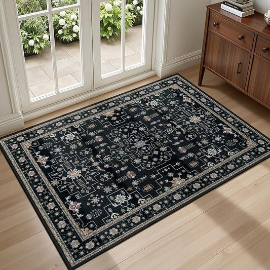 2x3 Area Rugs Living Room Rug: Washable Vintage Boho Medallion Rug No Slip Stain Resistant Soft Carpet Indoor Floor Large Carpets for Bedroom Dining Room Farmhouse Nursery Hallway Home Office Black