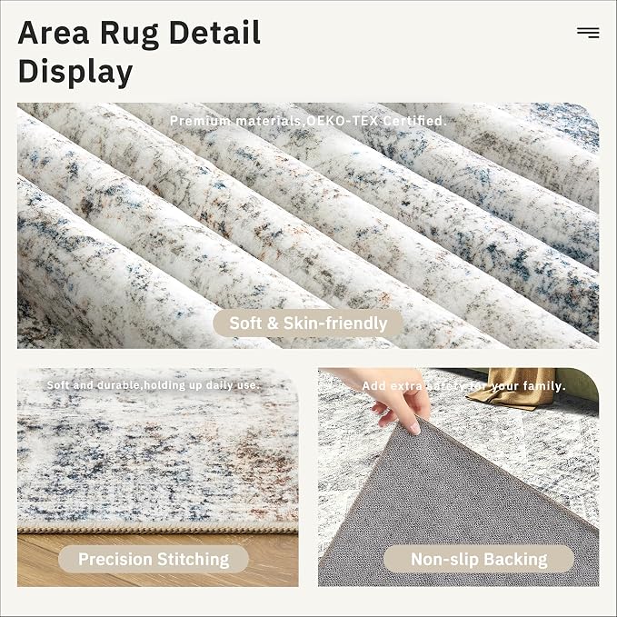 Soalmost 5x7 Area Rugs Blue Ivory Low Pile Indoor Washable Trendy Faded Style Rugs for Bedroom Living Room Dining Room Foldable Non-Slip Thin Print Mat