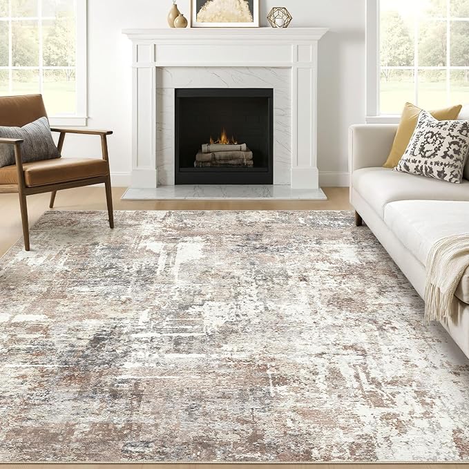 Square Rug 7x7 Living Room: Large Washable Abstract Modern Soft Area Rug Stain Resistant Indoor Floor Non-Slip Accent Carpet for Bedroom Nursery Playroom Dining Room Office Dorm Home Decor- Brown