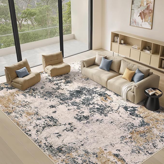 Area Rugs for Living Room: 10x14 Abstract Washable Rug Large Soft Stain Resistant Non-Slip Backing for Bedroom Dining Room Indoor Home Office Carpet for Kids Pet Friendly Families - Grey Gold