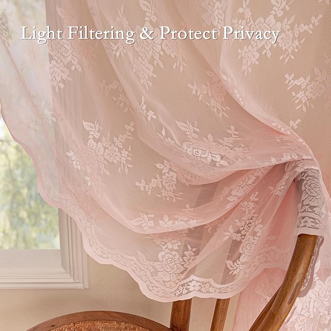 MEETSKY Pink Lace Curtains 54 Inch Length Set of 2 Vintage Victorian French Pretty Elegant for Girls Room Light Filtering Privacy Protect Rod Pocket Sheer Drapes, 50" W Each Panel, Light Pink