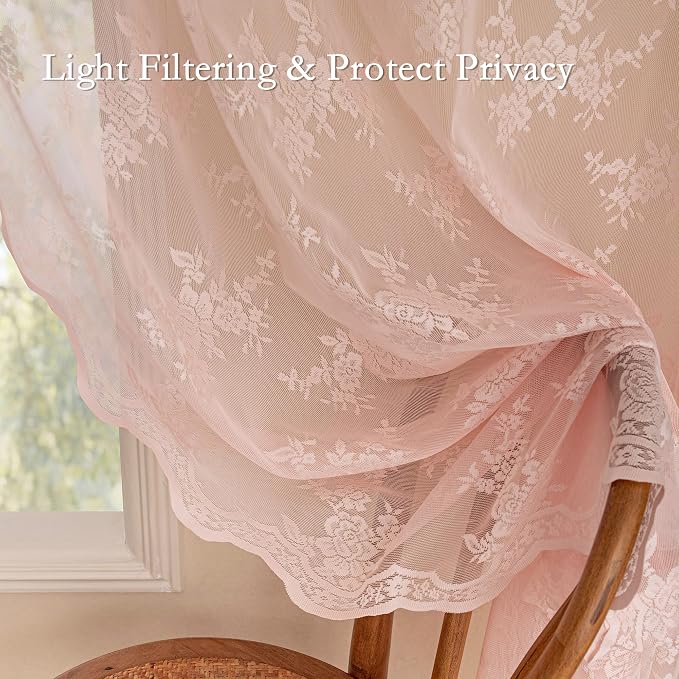 MEETSKY Pink Lace Curtains 90 Inch Length Set of 2 Vintage Victorian French Pretty Elegant for Girls Room Light Filtering Privacy Protect Rod Pocket Sheer Drapes, 50" W Each Panel, Light Pink