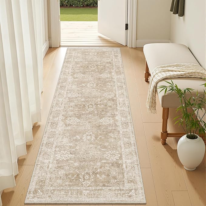 Madane Washable Runner Rug 2x5 with Non-Slip Rubber Backing, Vintage Kitchen Hallway Rug Soft Low Pile Throw Carpet Runner for Entryway Laundry Bathroom Bedroom Living Room (2 x 5, Beige/Brown)