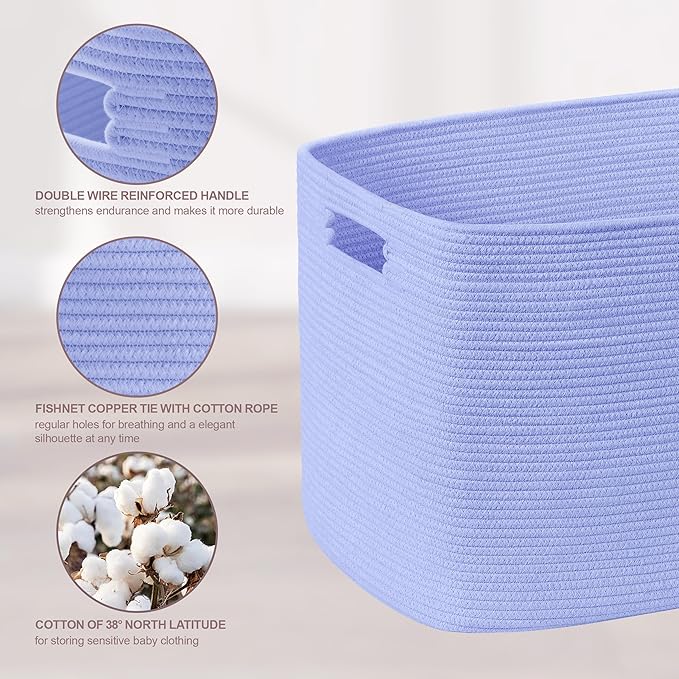 86L Large Baby Girls Laundry Basket for Nursery Storage,Cute Woven cotton Rope Baskets for Kids Toy，Gifts, Boho Square Wicker Blanket hamper for Living Room,Bedroom Dirty Clothes,Blue Purple