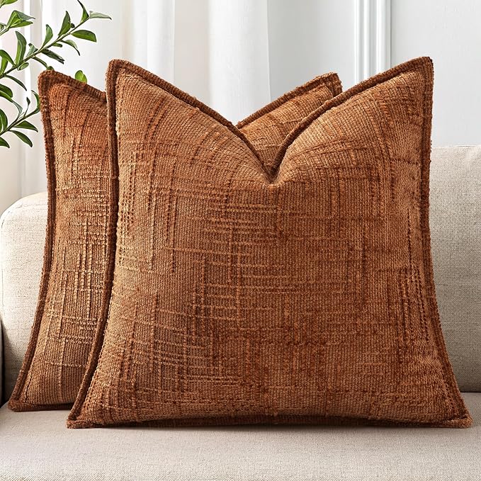 decorUhome Chenille Fall Throw Pillow Covers 18x18 Set of 2, Soft Textured Slubby Modern Decorative Pillow Covers with Elegant Design for Couch, Sofa, Living Room, Rust