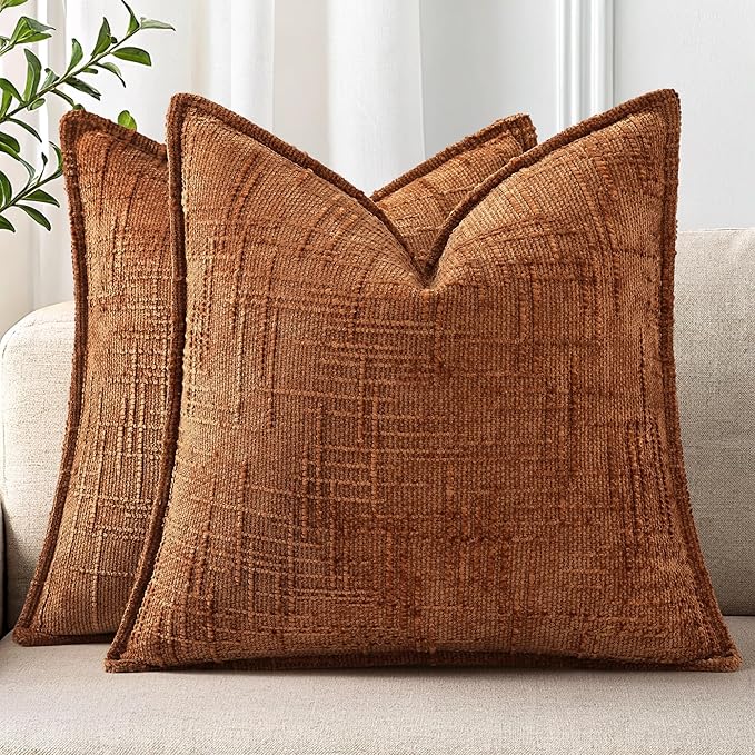 decorUhome Chenille Fall Throw Pillow Covers 24x24 Set of 2, Soft Textured Slubby Modern Decorative Pillow Covers with Elegant Design for Couch, Sofa, Living Room, Rust
