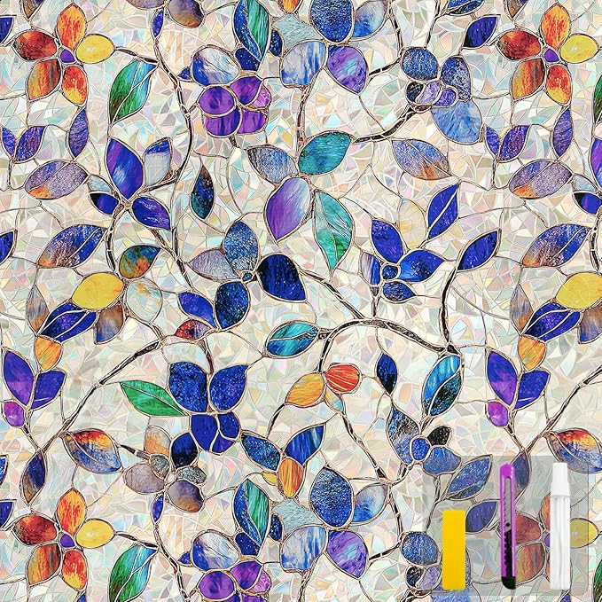 COUNTEWOL Window Privacy Film with Installation Tools Home Decorative Colored Glass Window Stickers Reusable electrostatic Rainbow Stickers (Stained Leaf, 45.2 x 157.4 in)