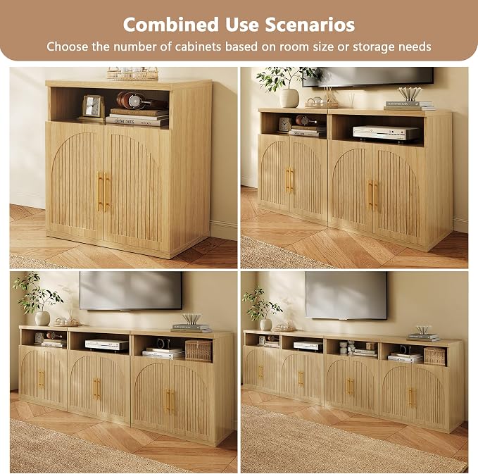 Fluted Buffet Cabinet with Storage, 31.5" Wide Wood Sideboard Credenza with Open Storage Shelf & Adjustable Shelves, Modern Kitchen Entryway Accent Table for Dining Room Living Room Hallway, Oak