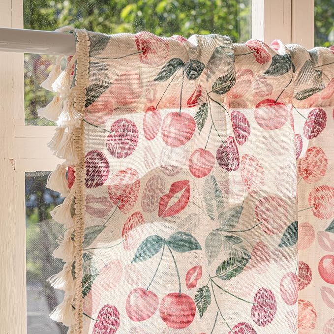 Deeprove Boho Valance Kitchen Cafe Over Sink Window Treatment Retro Aesthetic Style, Pink Red Cherry Print Abstract Short Drape Adjustable Curtain for Bedroom Living Room, 52Wx18L Rod Pocket 1 Panel
