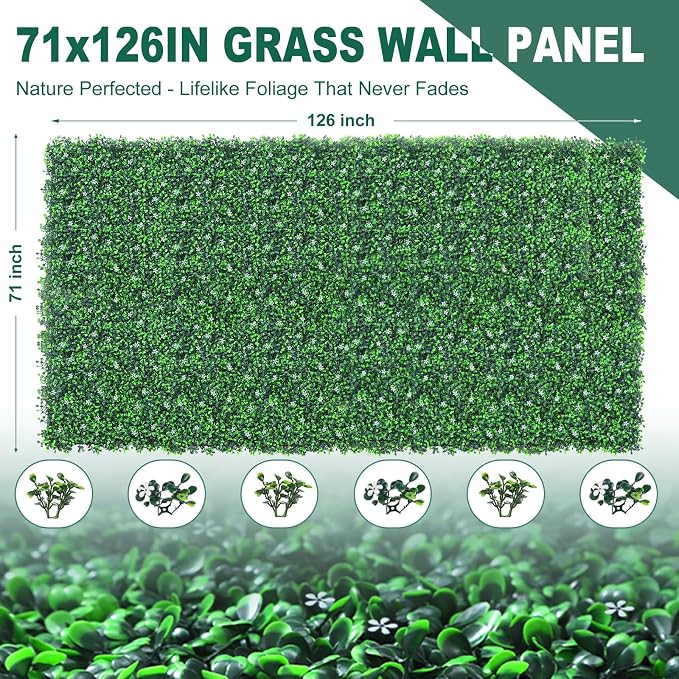 Yangrass Boxwood Roll Panels with Flowers, 71"x126" (62 sqft) Artificial Ivy Privacy Fence Screen, UV-Anti Faux Boxwood Roll Grass Wall Panels for Patio Garden Balcony Decor
